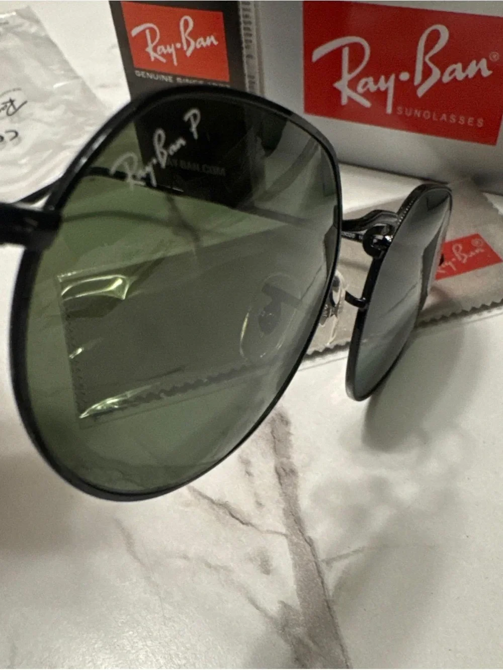 Ray-Ban Black Frame Sunglasses with Green Polarized Lenses